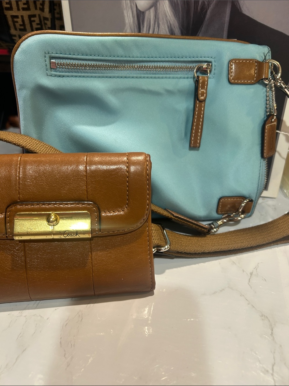 Coach Light Blue and Brown Leather-Trim Crossbody with Matching Wallet - Picture 9 of 13